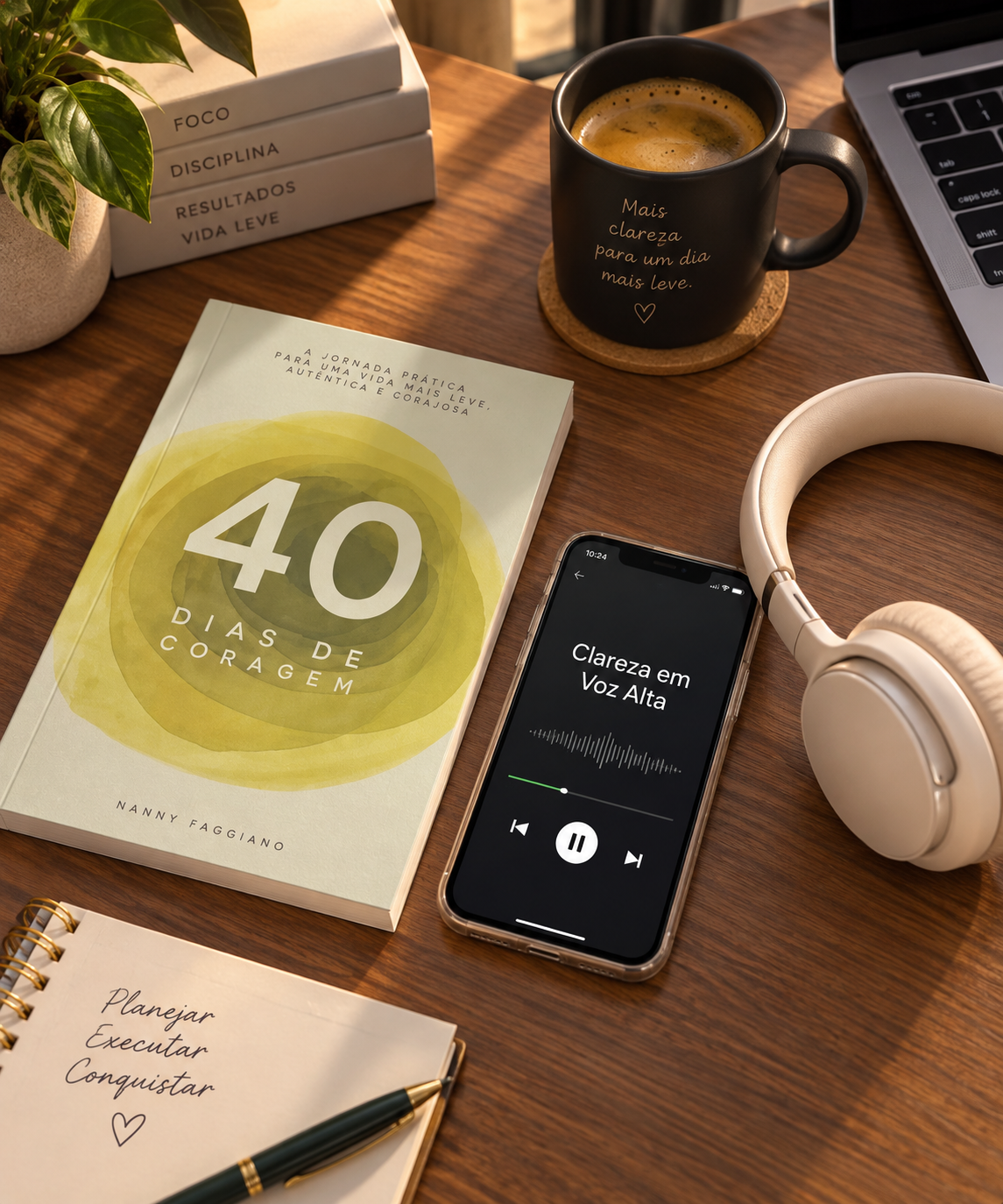 Livro 40 Dias de Coragem, audiobook Clareza em Voz Alta no celular e fones sobre uma mesa
