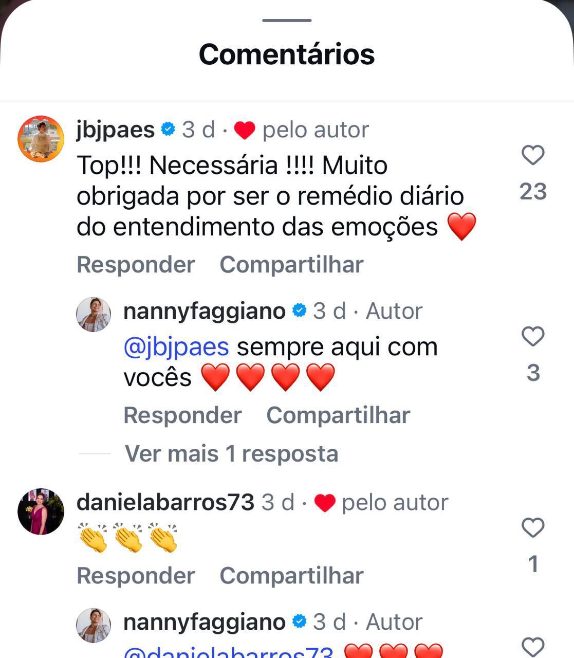 Print original 2 de comentários nos conteúdos da Nanny, com respostas da autora